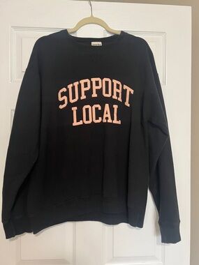 Black Sweatshirt with Pink "Support Local" Graphic